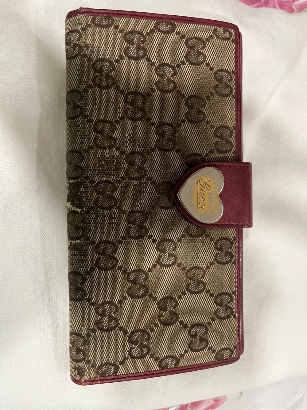 Gucci Brown Monogram Wallet with Burgundy Heart Snap